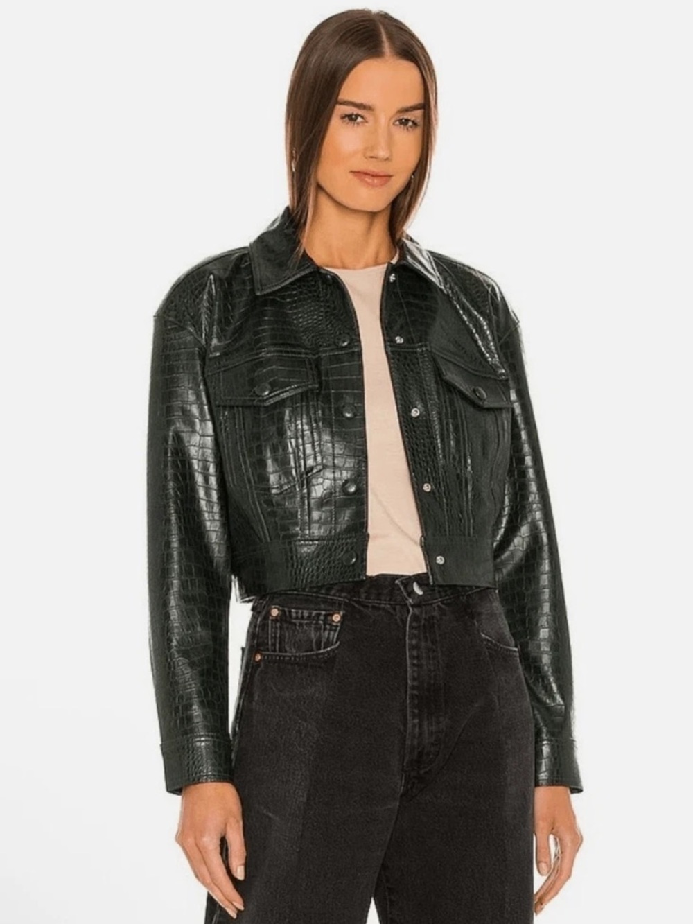 Veronica Beard Hendrix Croc-Embossed Faux Leather Jacket – Evergreen Green